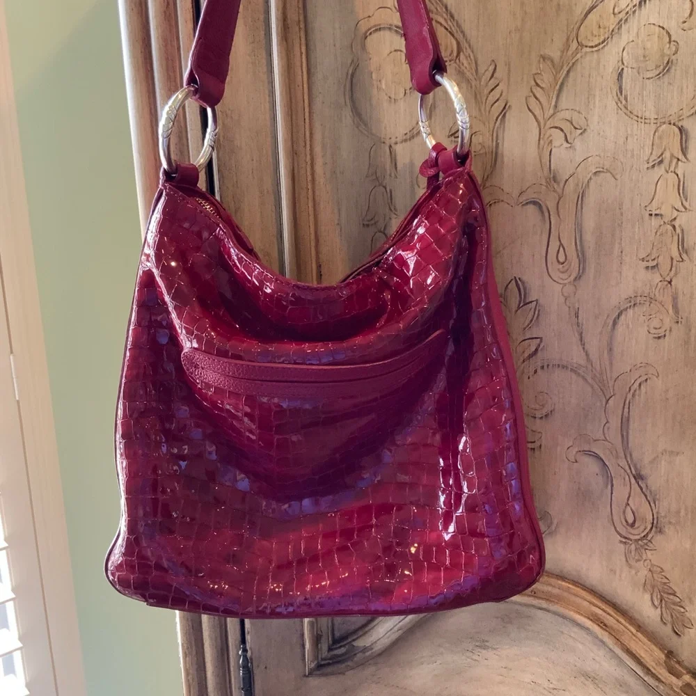 Brighton Red Crocodile-Embossed Patent Leather Large Hobo Shoulder Women's Bag